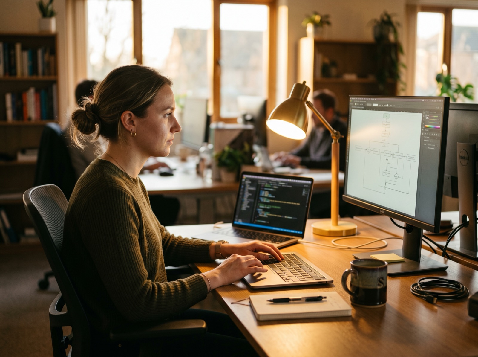 An engineer building an automation at a warm-lit desk