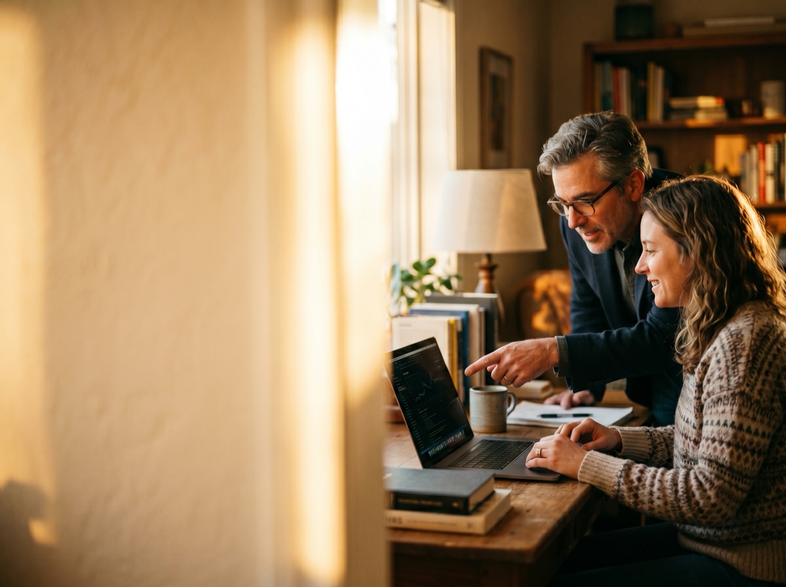Illustrative image of two people working together at a laptop
