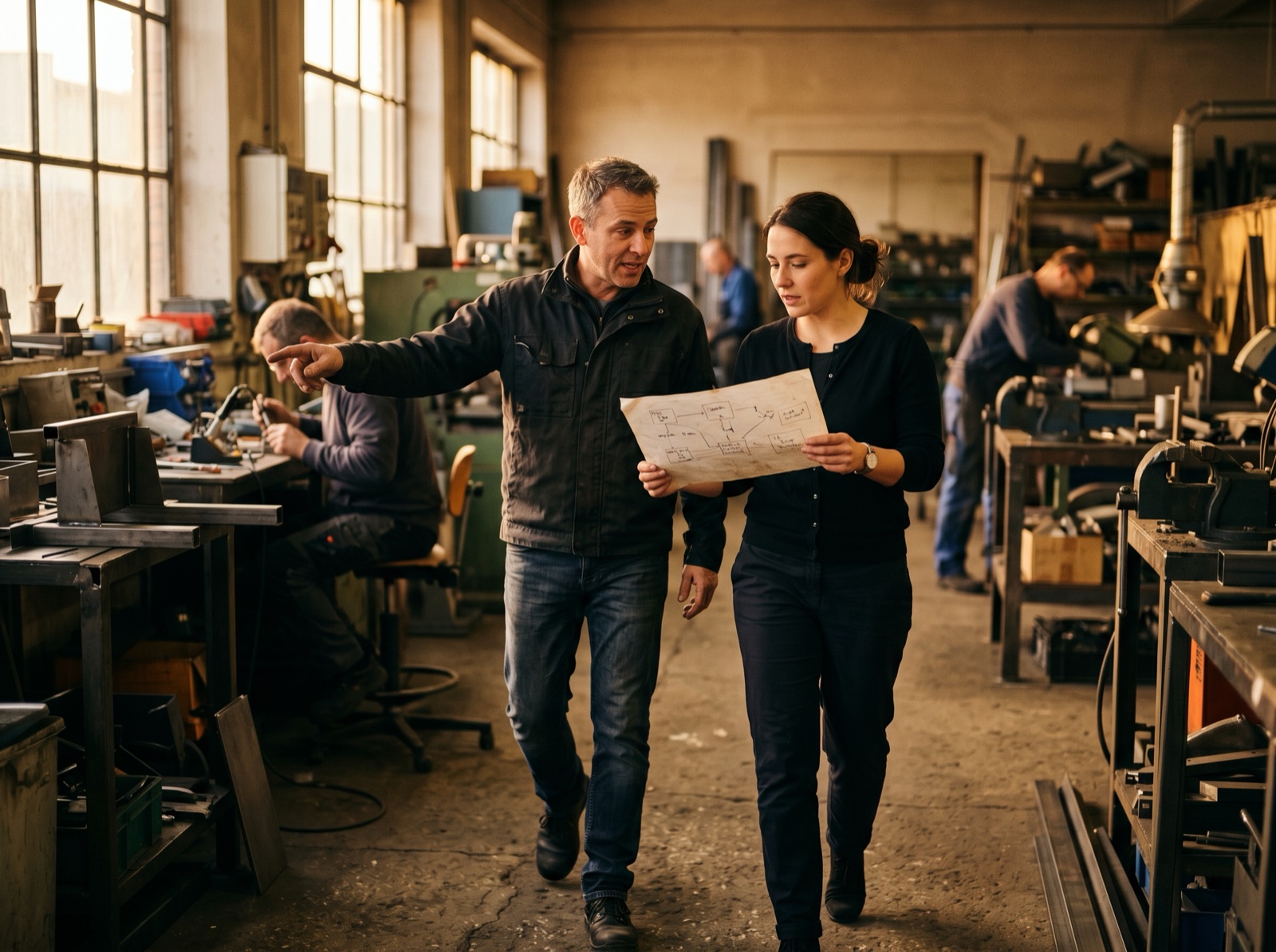 Two people walking a workshop floor, mapping a process by hand